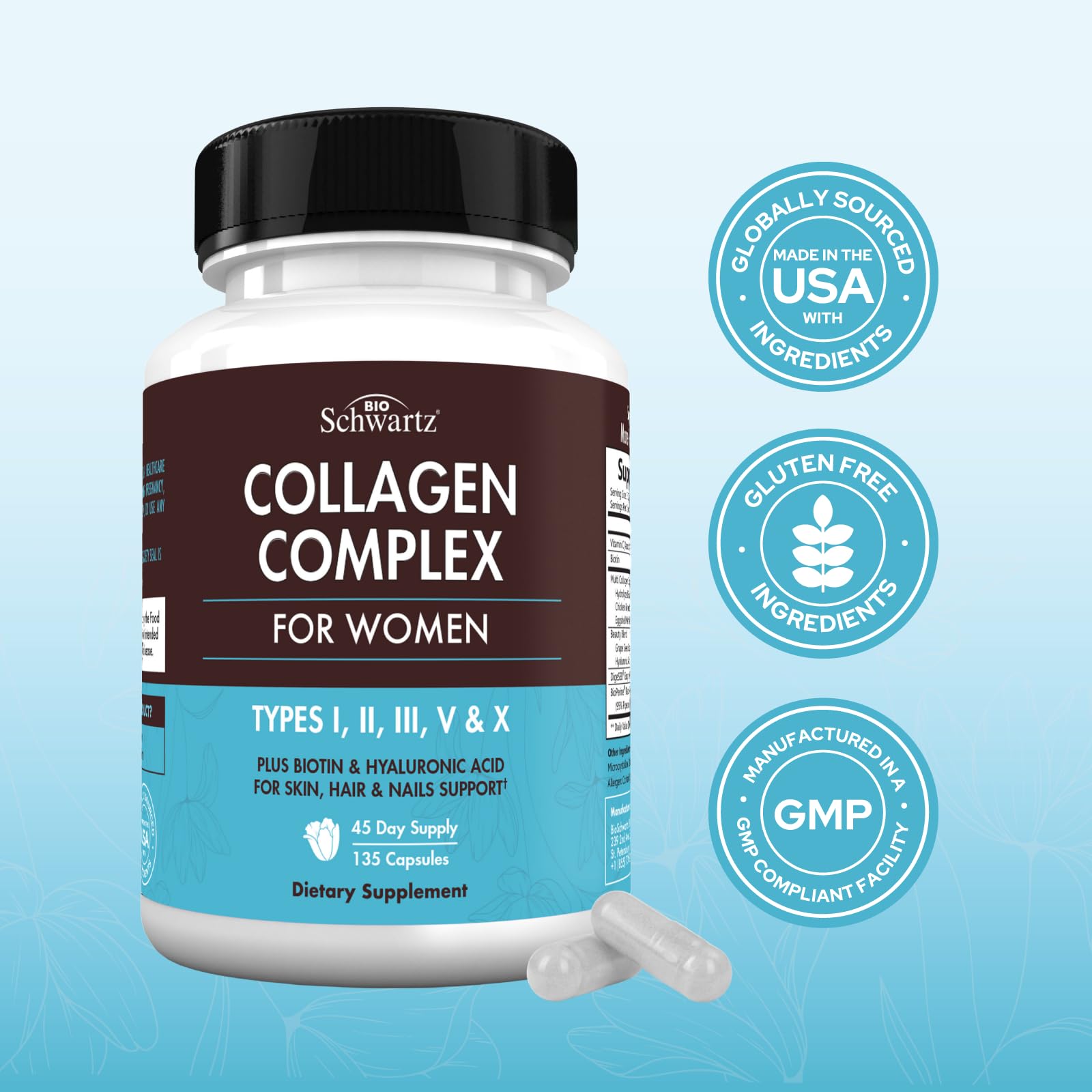 BioSchwartz Hydrolyzed Collagen Peptide Capsules - Multi Collagen Supplements for Women Types I, II, III, V, X with Vitamin C, Biotin,