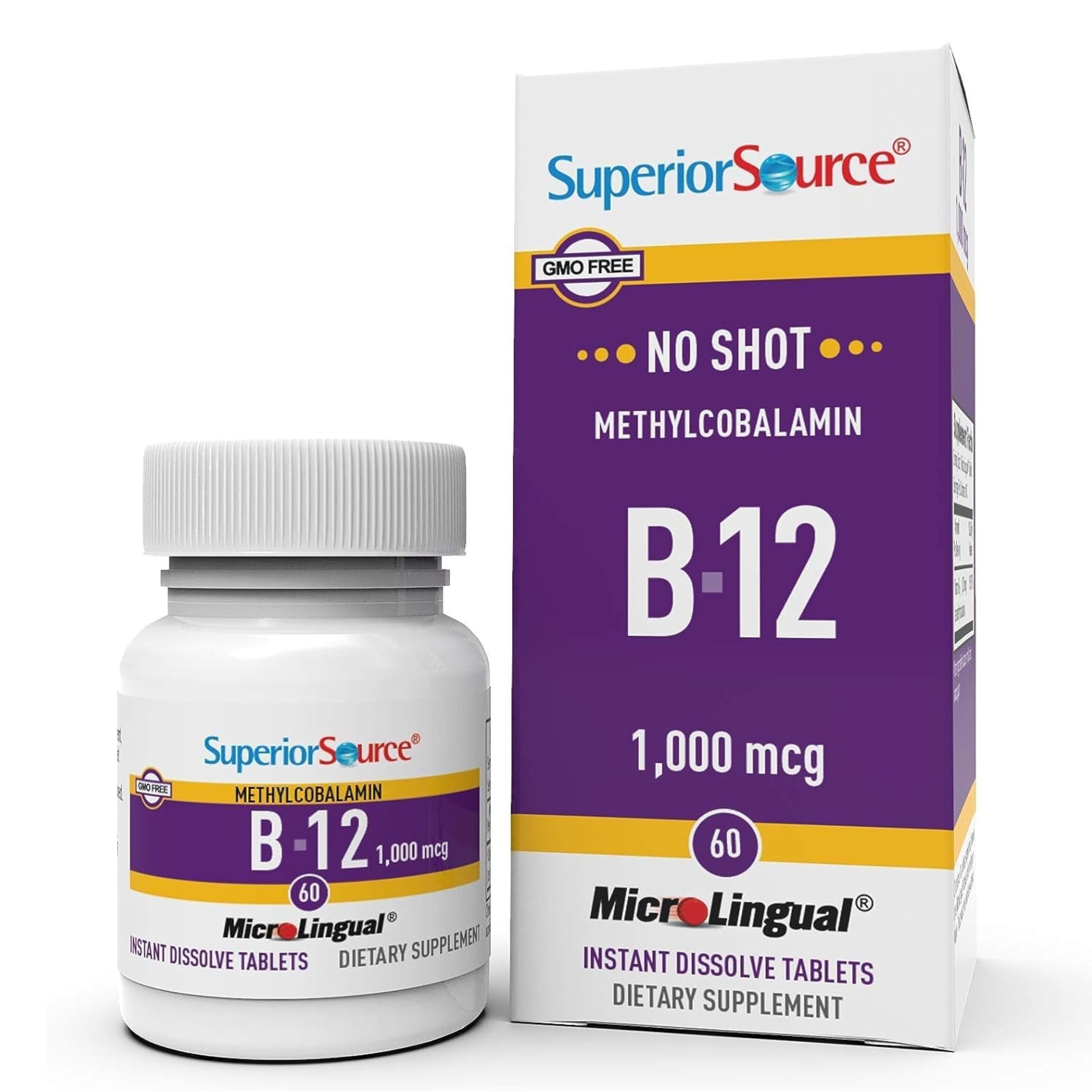 Superior Source No Shot Methylcobalamin B-12 1,000 mcg - Vitamin B-12 to Support Energy Production, Brain Health & Overall Wellness - Sublingual Tablets