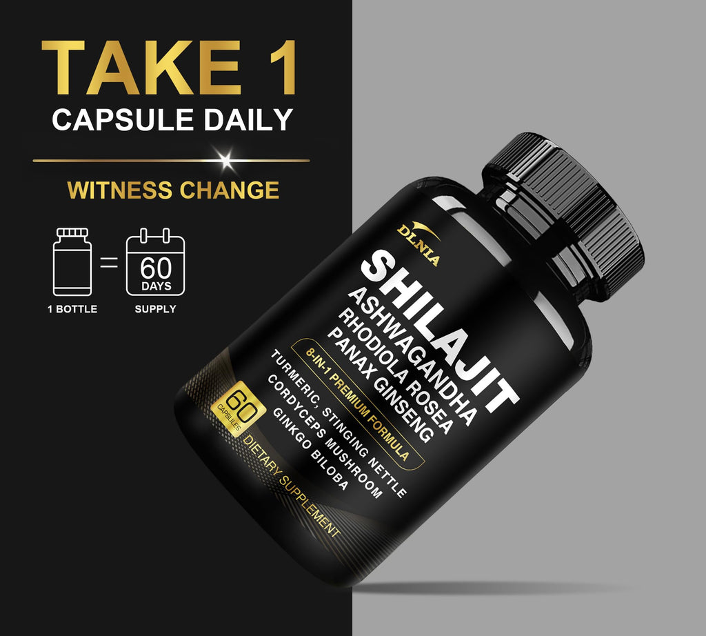 DLNIA 8-in-1 Shilajit for Men & Women with Ashwaganda Himalayan Organic Supplement with Rhodiola Rosea, Ginseng, Turmeric, Mushroom, for Immune Support, Energy, Calm, Focus, Clarity, Sleep, Cortisol DLNIA Au supplements
