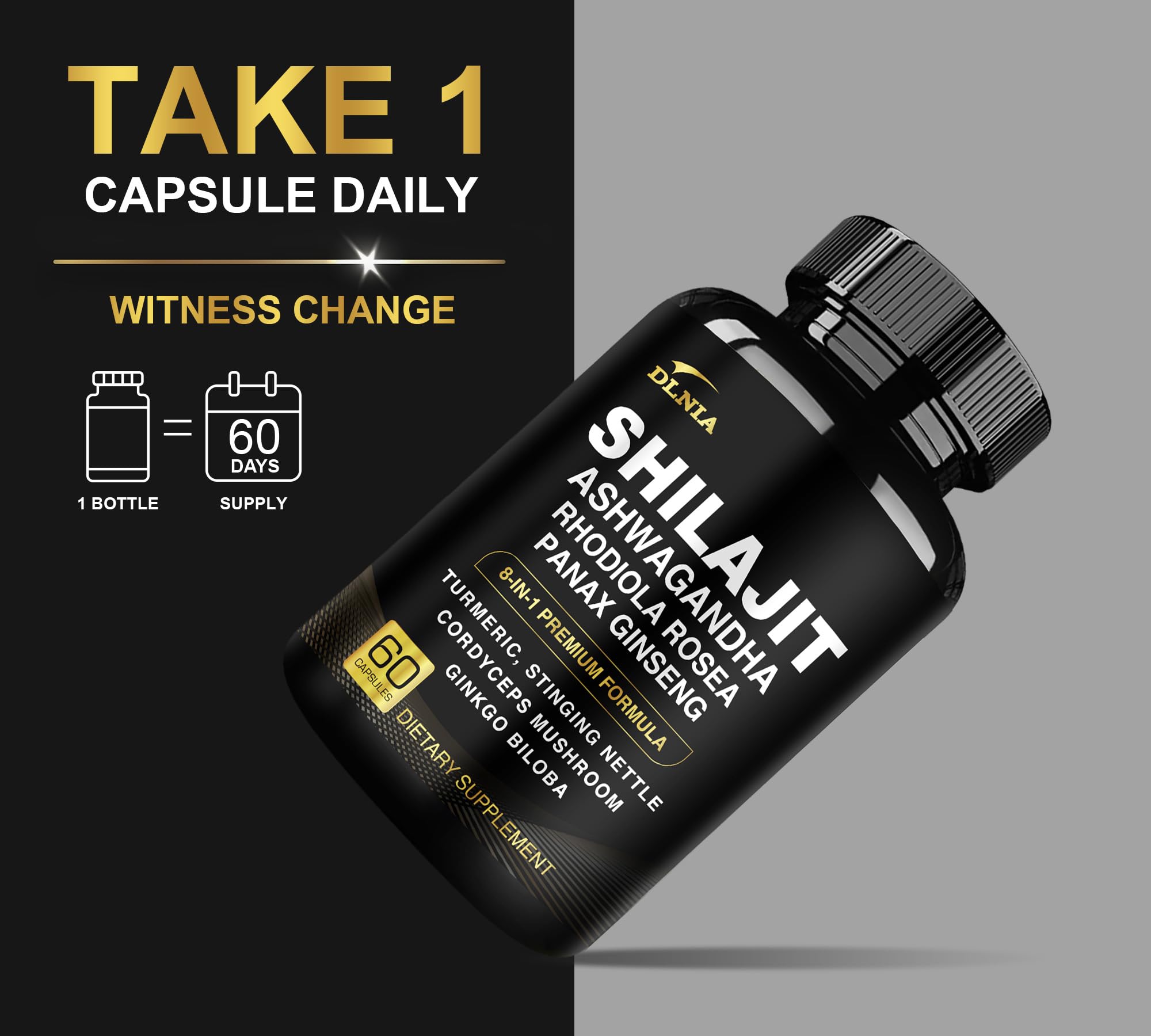 DLNIA 8-in-1 Shilajit for Men & Women with Ashwaganda Himalayan Organic Supplement with Rhodiola Rosea, Ginseng, Turmeric, Mushroom, for Immune Support, Energy, Calm, Focus, Clarity, Sleep, Cortisol DLNIA Au supplements