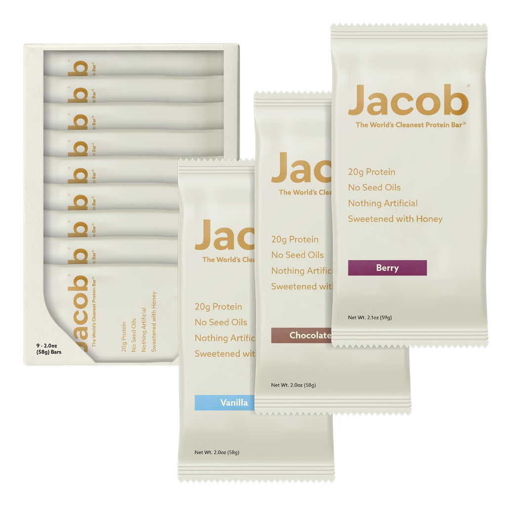Jacob Bar, Protein Bars, Variety Pack (9 Bars Total) Contains 3 of Each; Chocolate, Vanilla, Berry - 20g Grass-Fed Protein, No Seed Oils, Nothing Artificial