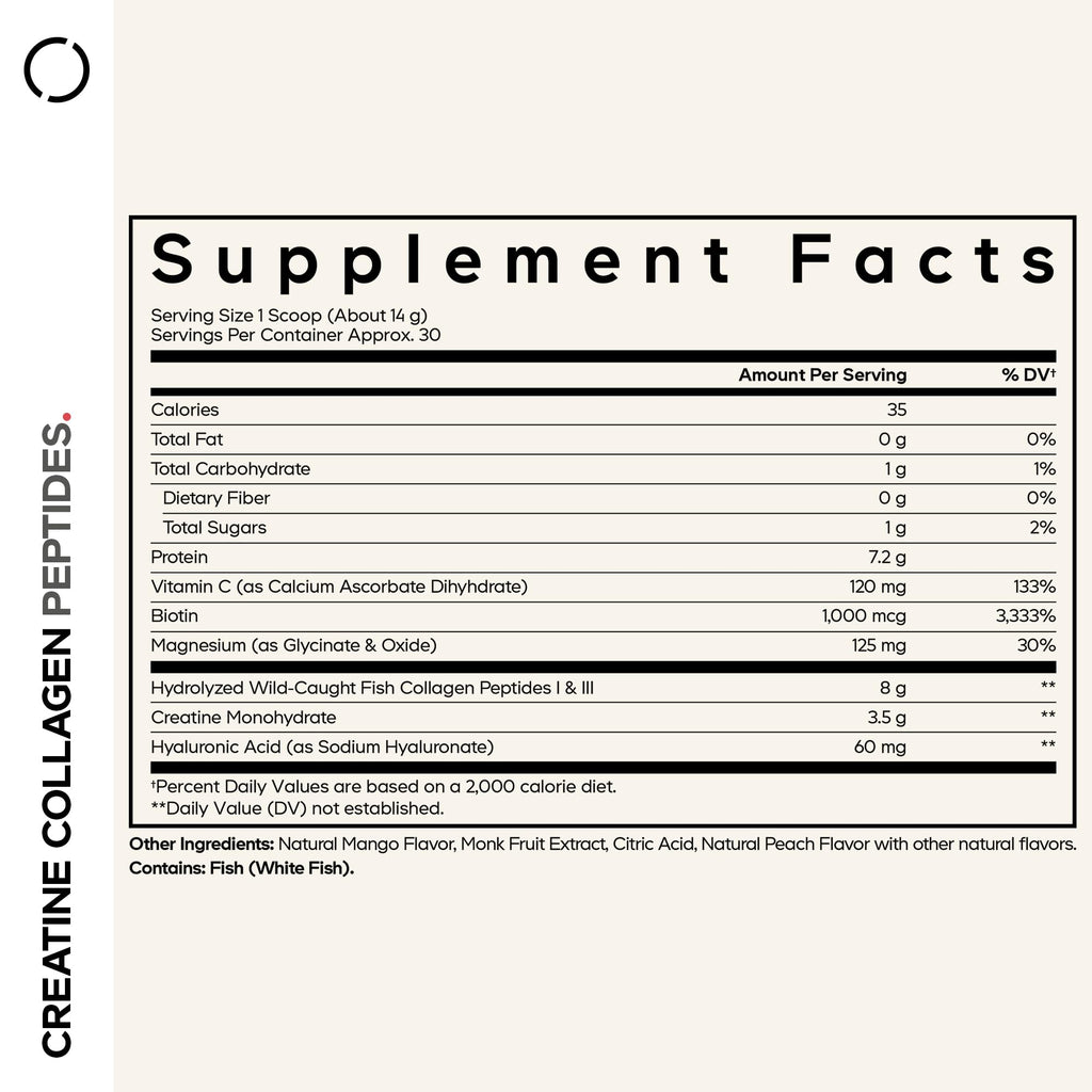 Codeage Creatine Collagen Peptides - Creatine Monohydrate Powder Supplement, Wild-Caught Marine Collagen, Biotin, Magnesium, Vitamin C, Hyaluronic Acid - Mango Flavored - Non-GMO - 15 Oz Codeage Au supplements