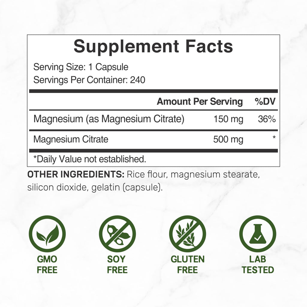 DEAL SUPPLEMENT Magnesium Citrate 500mg, 240 Capsules | Easily Absorbed, Purified Trace Mineral – One a Day, Non-GMO