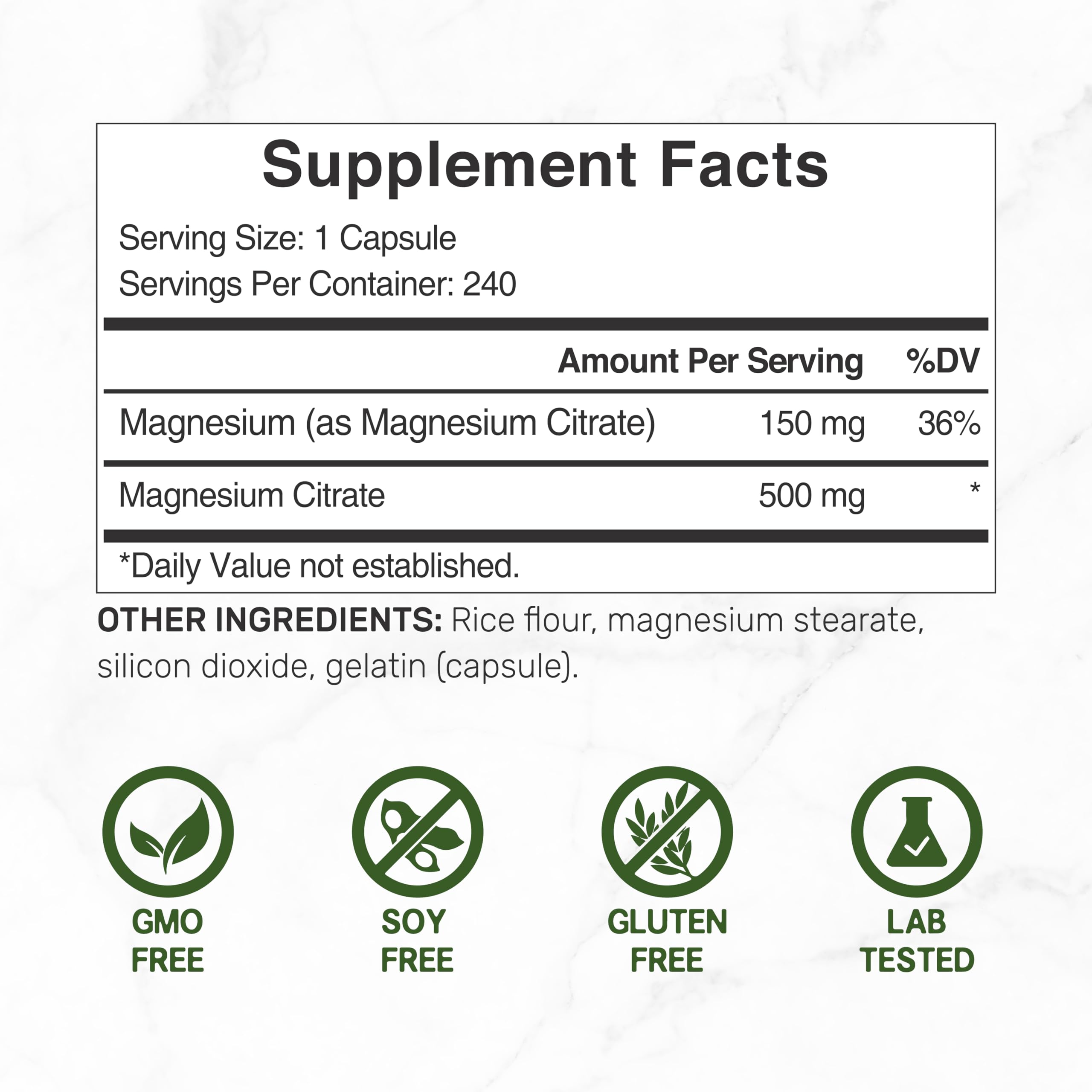 DEAL SUPPLEMENT Magnesium Citrate 500mg, 240 Capsules | Easily Absorbed, Purified Trace Mineral – One a Day, Non-GMO