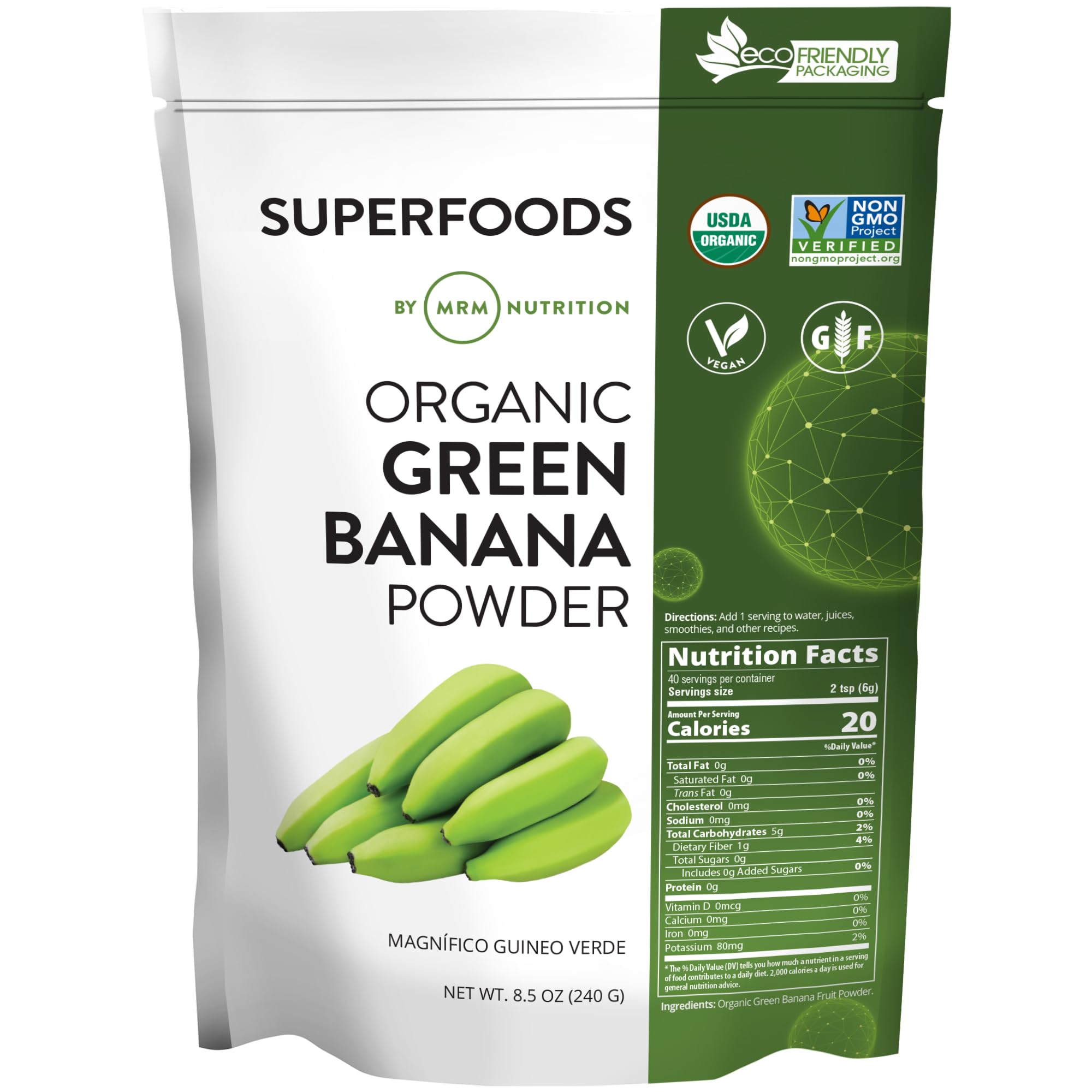 MRM Organic Green Banana Powder Superfood - Prebiotic-Fiber, Digestive Resistant Starch, Flour Alternative for Baking, Cooking and Shakes, Gluten‑Free, Vegan, Non-GMO verified-40 Servings