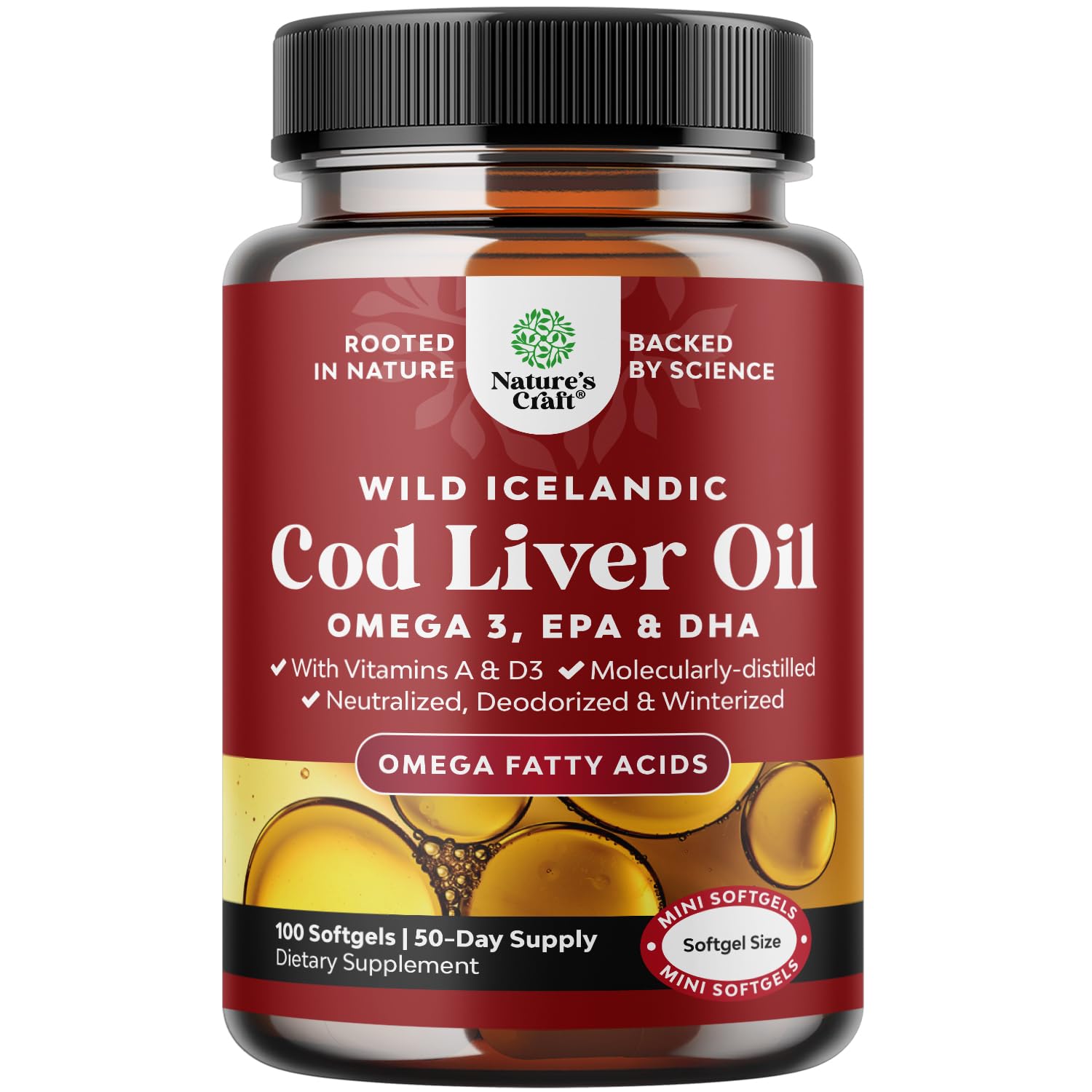 Icelandic Wild Caught Cod Liver Oil Softgels - Fish Omega 3, EPA, DHA, Vitamin D & A, 1000mg Per Serving - Burpless Capsules for Heart