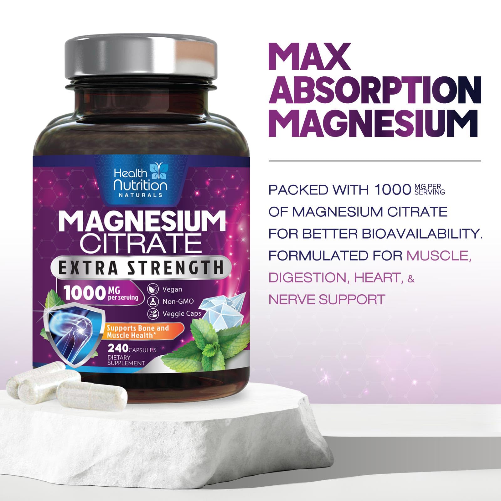 Magnesium Citrate 1000mg Per Serving - Max Absorption Magnesium Powder Capsules for Muscle, Nerve, Bone and Heart Health Support, High Absorption Citrate Complex