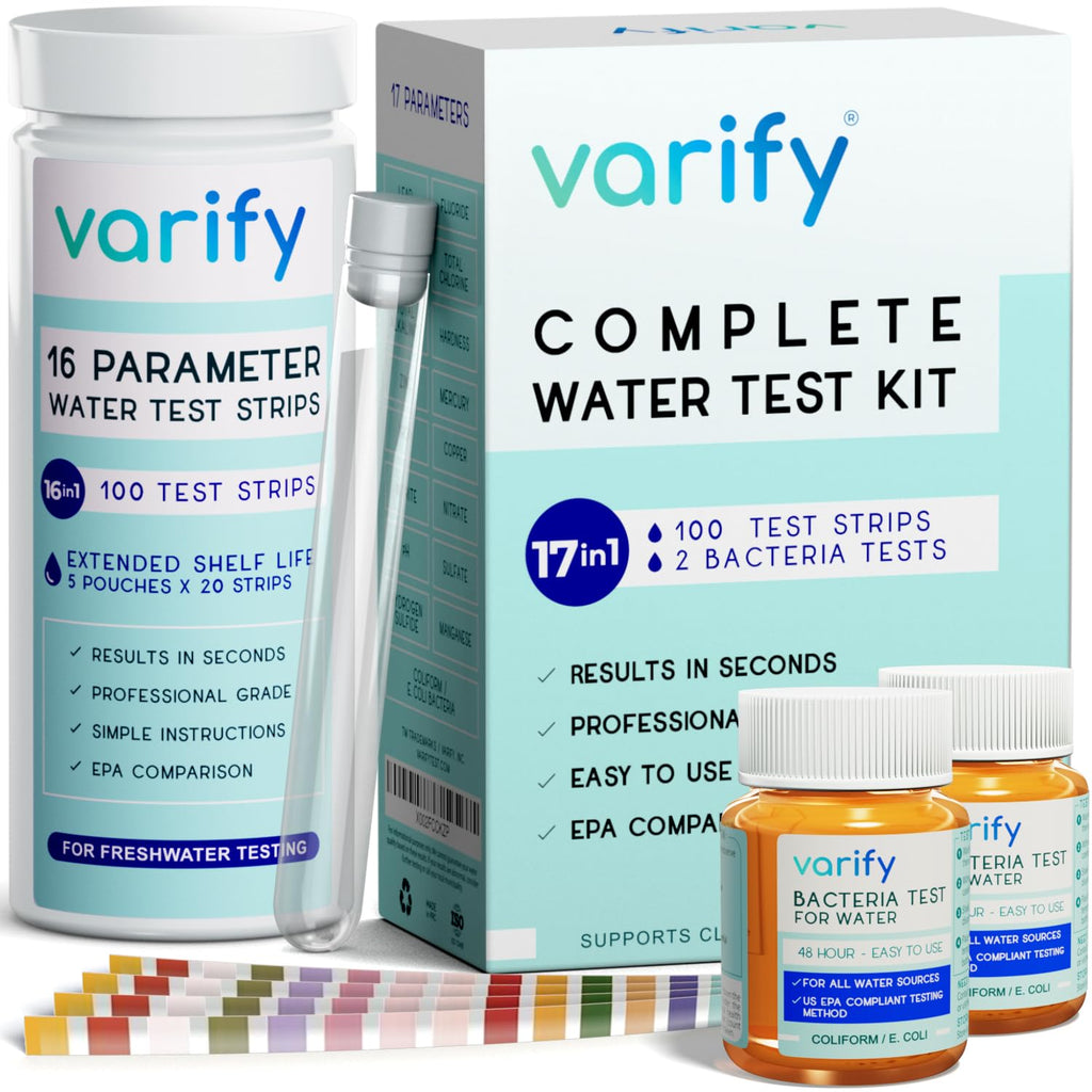 Varify 17in1 Complete Drinking Water Test Kit - 100 Strips + 2 Bacteria Tester Kits - Well, Tap, Home, City Water Testing Strip for Lead, Alkaline, Chlorine, Hardness, Iron, Fluoride, Copper & More VARIFY Au supplements