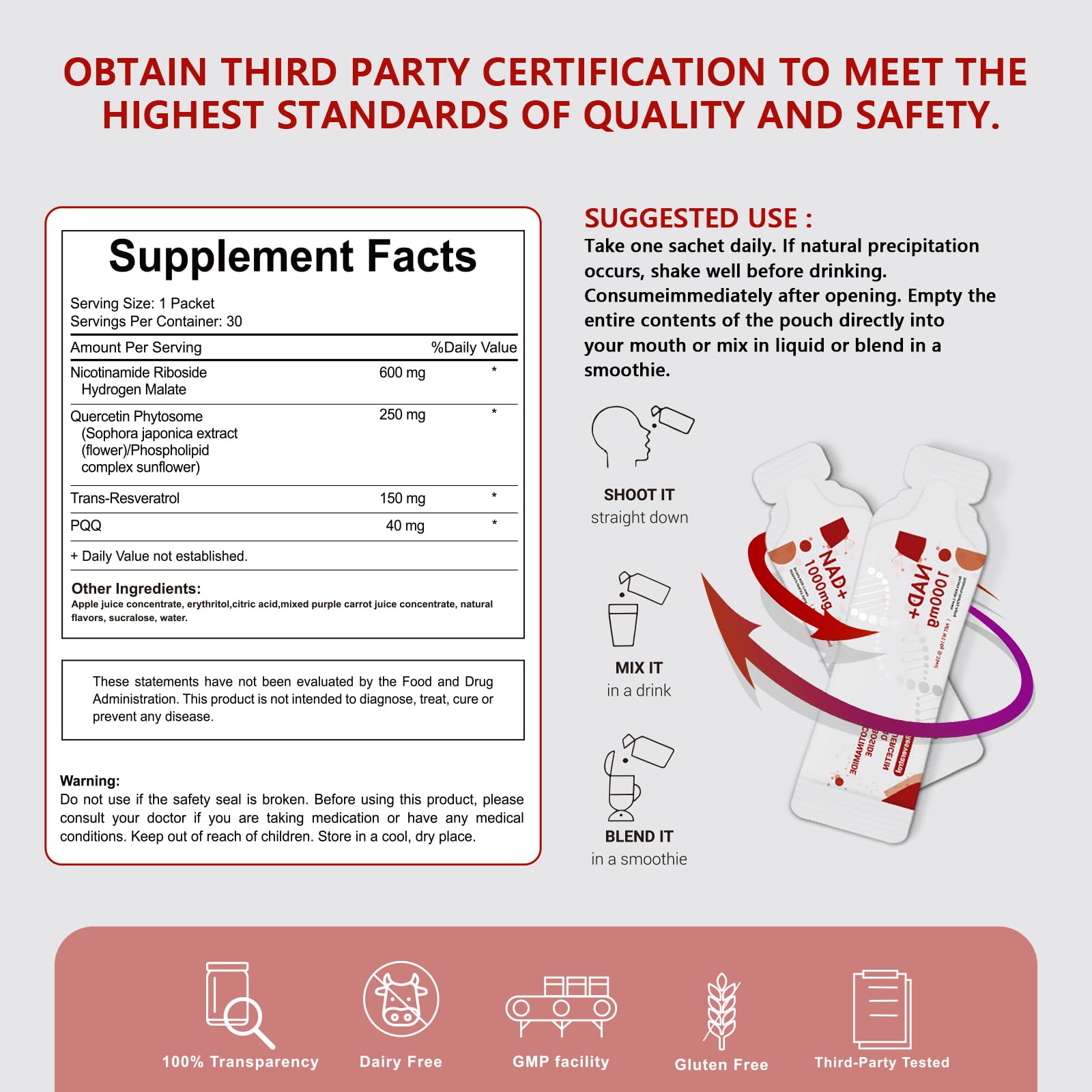 Buporai NAD Supplement 1000 mg Liquid Packets - NAD Supplements for Women & Men with Nicotinamide Riboside, Resveratrol, PQQ, Quercetin - NMNH Supplement Alternative for Anti-Aging, Energy-30 Packets Buporai Au supplements