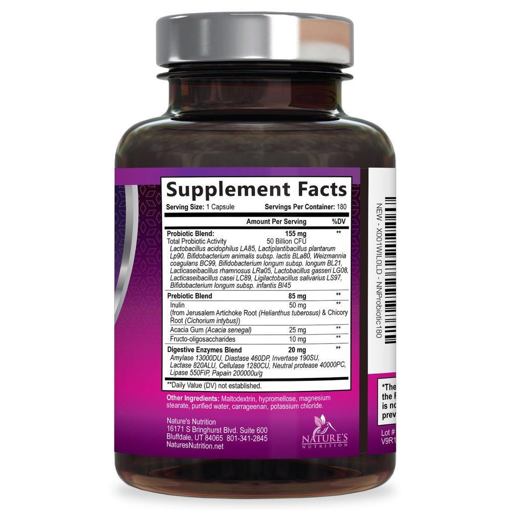 Probiotics for Digestive Gut Health - 50 Billion CFU Per Capsule, 10 Premium Strains & Prebiotics - Best Probiotics for Women & Men, Occasional Constipation, Gas, Immune Health Support - 180 Capsules