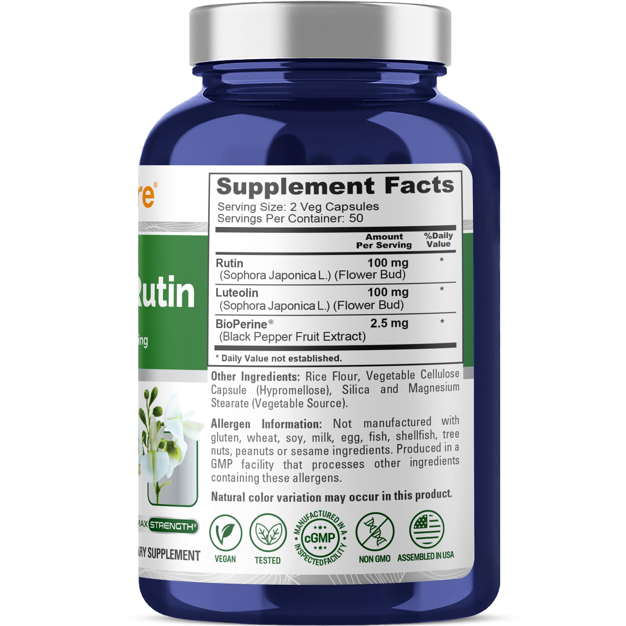 NusaPure Luteolin Complex with Rutin 200 mg | 100 Capsules | Vegetarian, Non-GMO & Vegan Flavonoid Formula NusaPure Au supplements