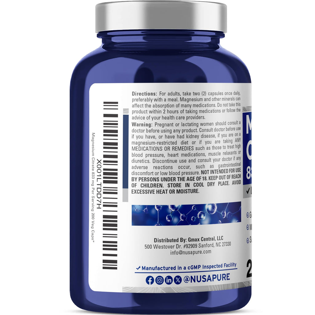 NusaPure Magnesium Citrate 833mg - 200 Veggie Capsules (Vegetarian, Non-GMO, Vegan) NusaPure Au supplements