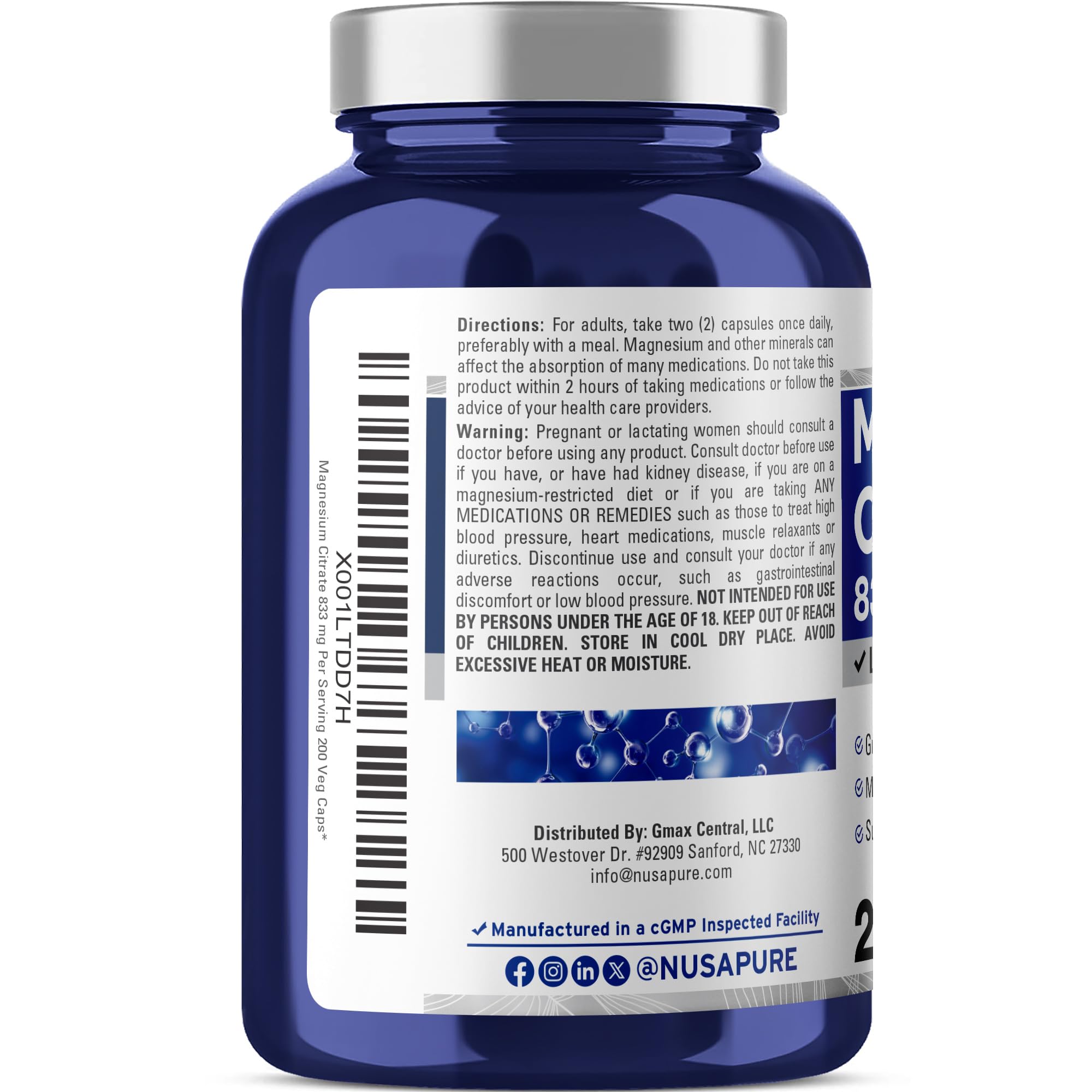 NusaPure Magnesium Citrate 833mg - 200 Veggie Capsules (Vegetarian, Non-GMO, Vegan) NusaPure Au supplements