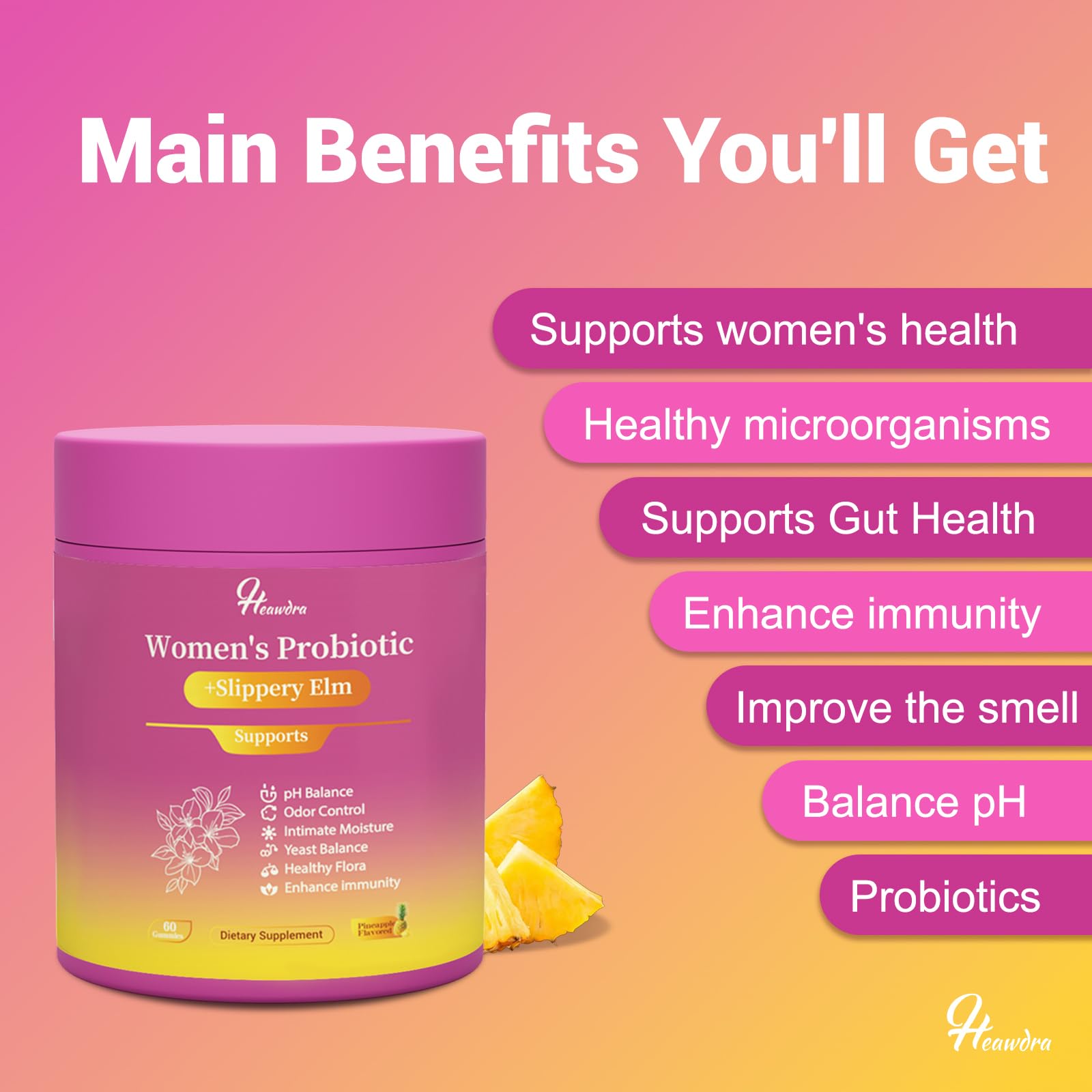 Her Juicy Women's Probiotic Gummies: Supports Women’s Wellness & pH Balance, Clean Vegan, Pineapple Flavor, Prebiotics & Lactobacillus Blend, with Slippery Elm, Gut Health & Immune Defense, 60 Gummies Heawdra Au supplements