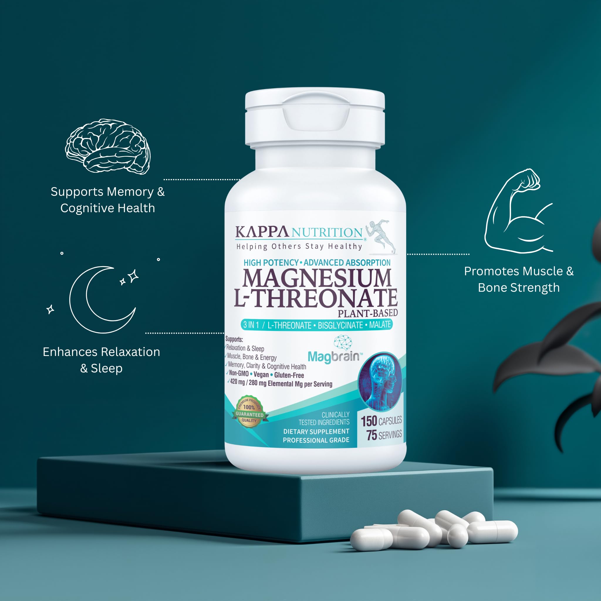Kappa Nutrition Powered by Magbrain™ Magnesium L-Threonate Plant-Based, 150 Vegan Capsules, 420mg Elemental Magnesium (3 Capsules) from 2,253mg, Brain, Sleep & Muscle Support. KAPPA NUTRITION Au supplements