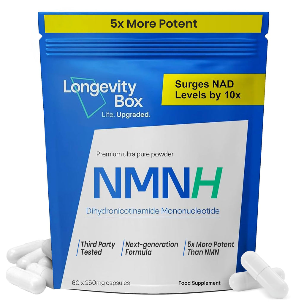 Longevity Box NMNH NMN Alternativen 250mg - 5X More Potent Dihydronicotinamide Mononucleotide NAD+ Booster for Peak Cellular Energy, DNA Repair & Healthy Aging - 60 Advanced Capsules Longevity Box Au supplements