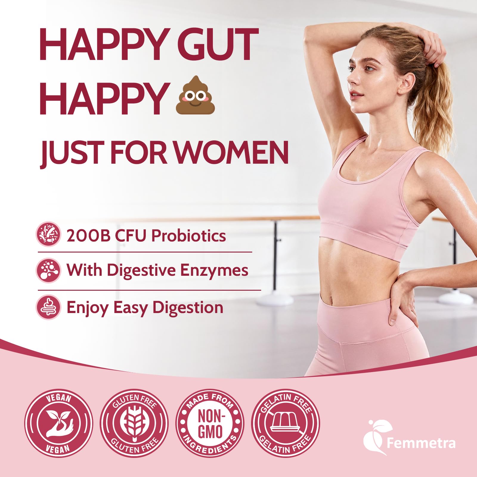 Femmetra 18-in-1 Probiotics for Women with Prebiotics - 200 Billion CFU with Digestive Enzyme, Cranberry, Kombucha - Sugar-Free Vaginal Gummies,