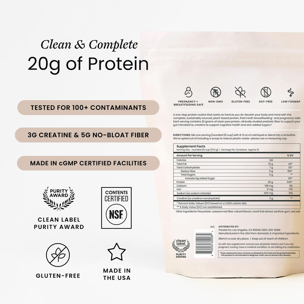 Perelel Triple-Support Plant Based Protein Powder, Creamy Vanilla, 20g Vegan Protein Powder, 3g Creatine Monohydrate, & 5g Prebiotic Fiber per Serving, Dairy Free,