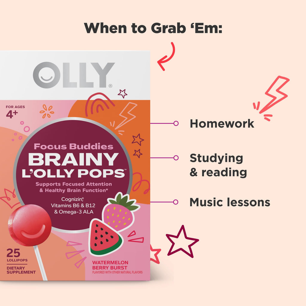 OLLY Focus Buddies L’OLLY Pops, Cognizin, Vitamins B6 and B12, Omega-3 ALA, Supports Focused Attention and Healthy Brain Function,* Kids 4+ Dietary Supplement, Watermelon Strawberry Flavored, 25 Count OLLY Au supplements
