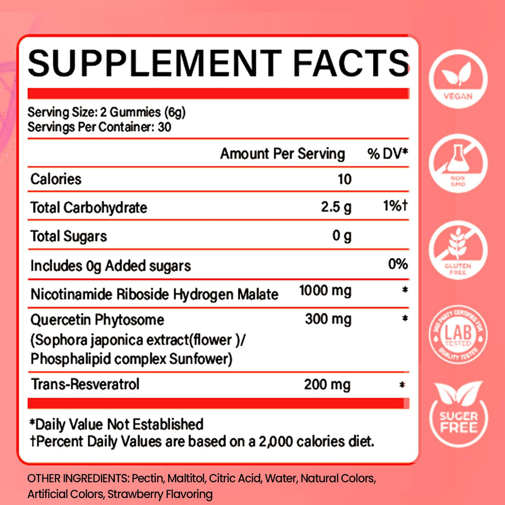 NUTRATASTE HEALTHIER CHOICE RICHER TASTE NAD⁺ Gummies Supplement for Anti-Aging, Energy & Focus Boost | Resveratrol, Nicotinamide Riboside | Strawberry Flavor, Vegan, Sugar-Free,60 Count (Pack of 1) NUTRATASTE HEALTHIER CHOICE RICHER TASTE Au supplements