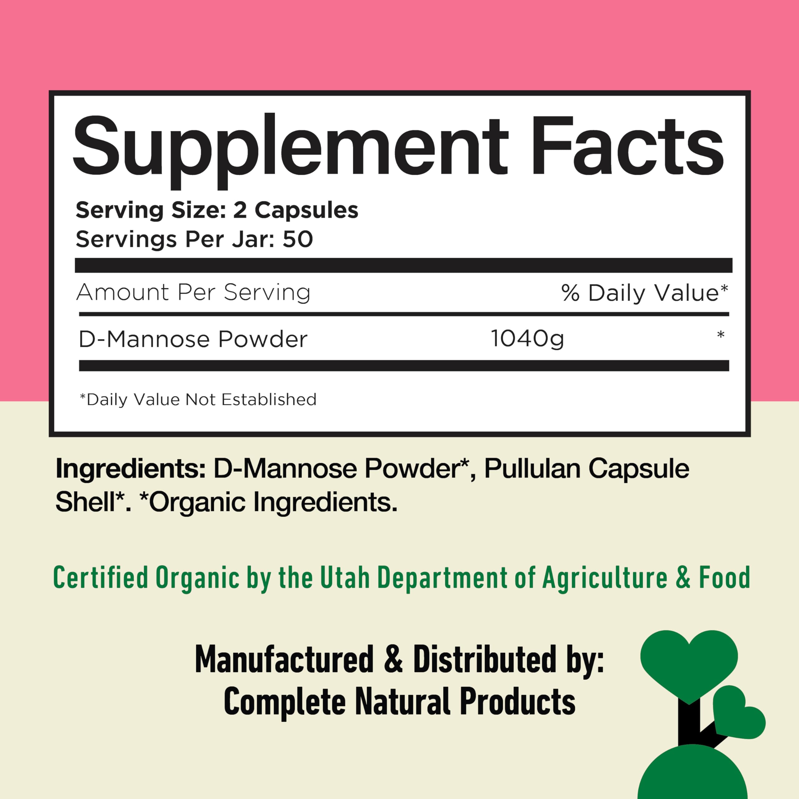 D Mannose 520mg Capsules - Organic D Mannose Supplement for UTI Support, Urinary Tract Bladder Health Pills, Plant Based Formula, Vegan Non GMO, No Fillers, 100 Capsule Count Made USA Certified Kosher Complete Natural Products Au supplements