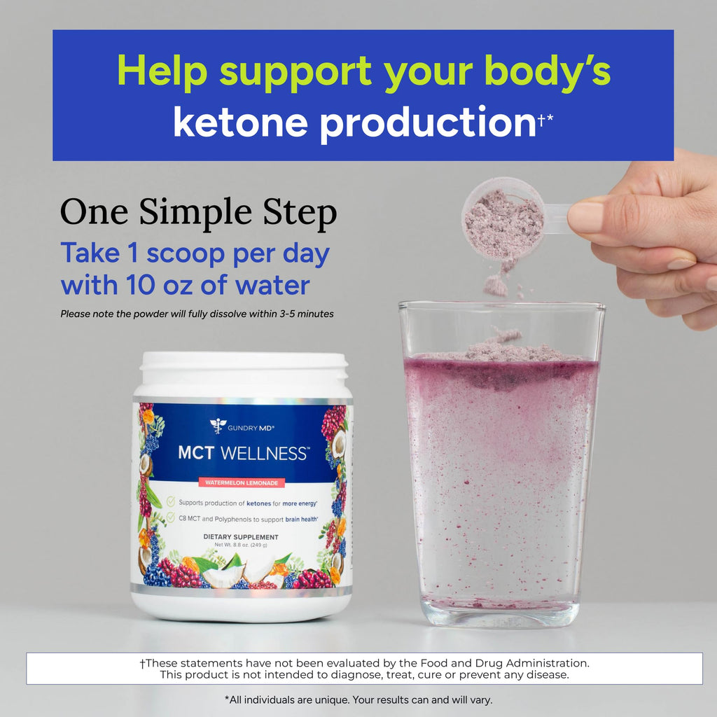 Gundry MD MCT Wellness Powder to Support Energy, Ketone Production and Brain Health, Keto Friendly, Sugar Free (30 Day Supply, Watermelon Lemonade)