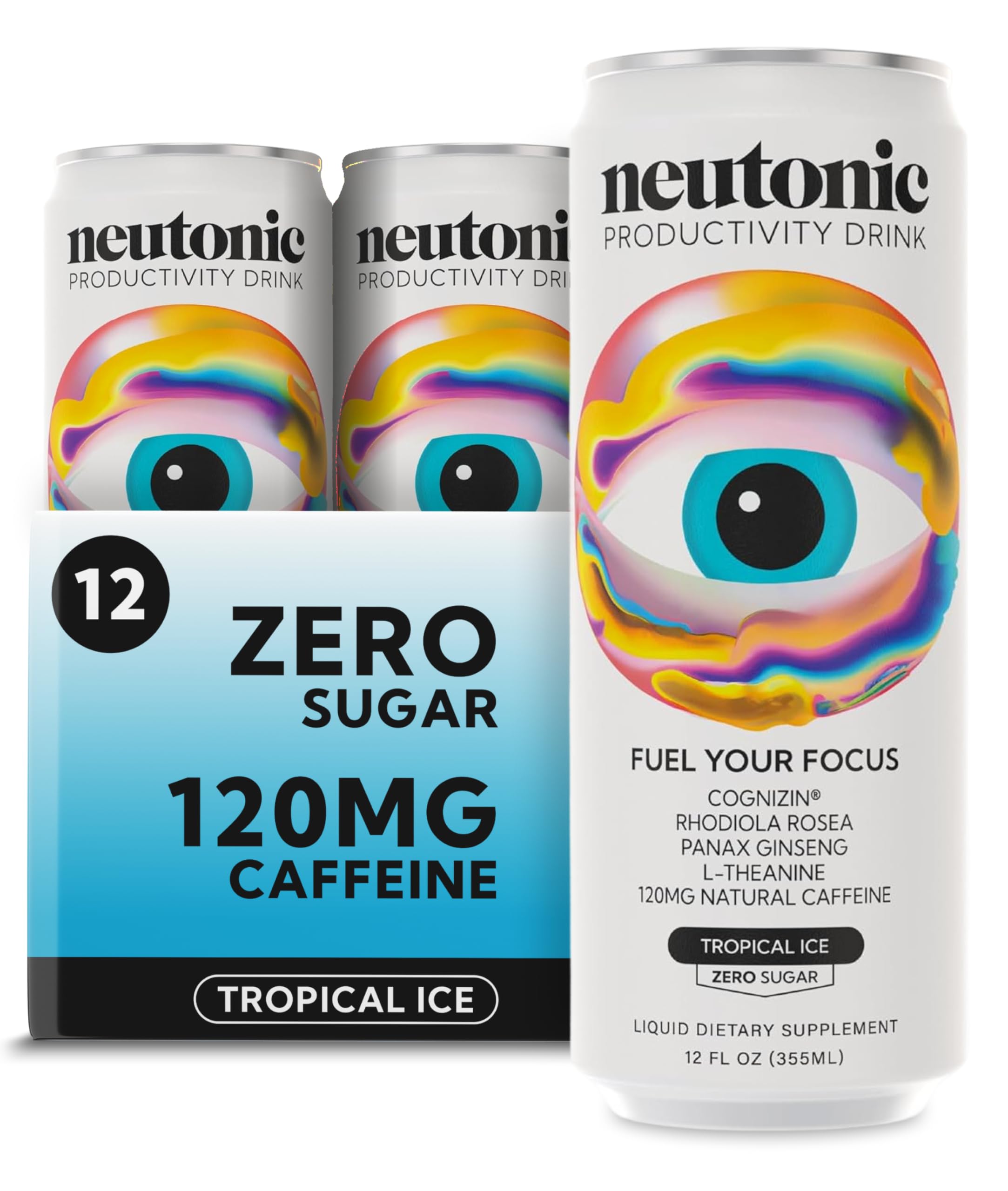 Neutonic Nootropic Productivity Energy Drink | Tropical Ice 12 Cans | 120mg Natural Caffeine, Zero Sugar | Support Memory, Mental Clarity, Cognitive Function | Boost Focus, Energy, Brain Health Neutonic Au supplements