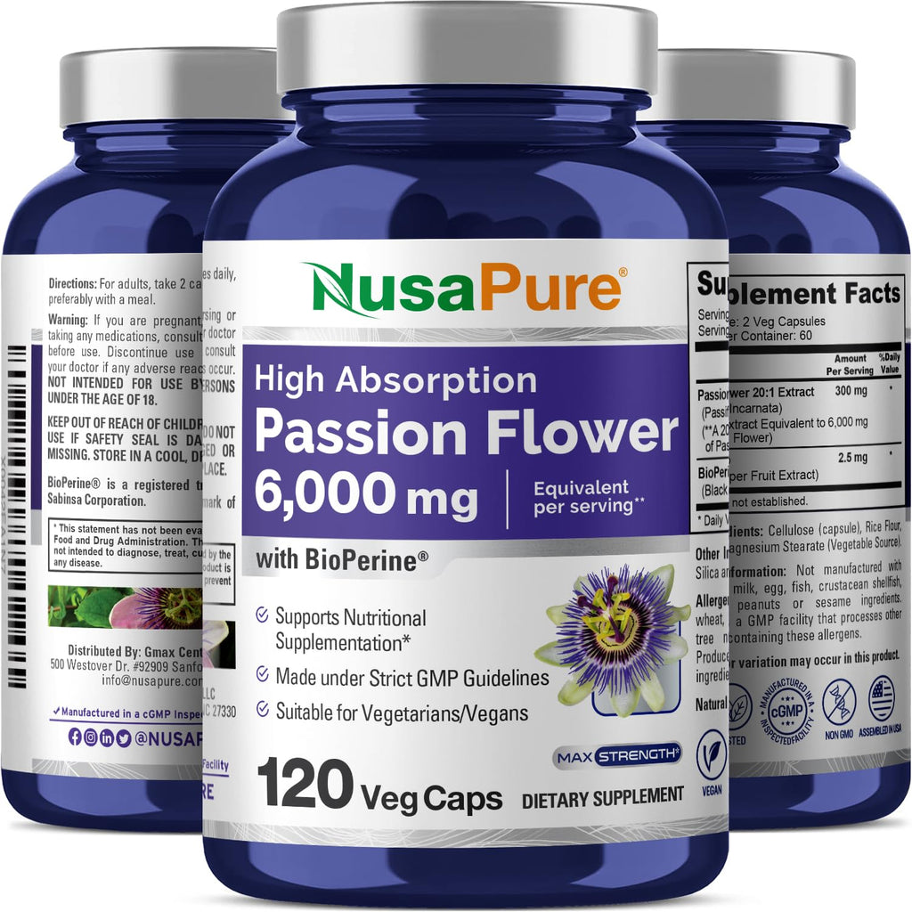 NusaPure Passion Flower 20:1 Extract, 300 mg Equivalent to 6,000mg, 120 Veggie Caps, Non-GMO, Bioperine, & Vegan Extract Supplement NusaPure Au supplements
