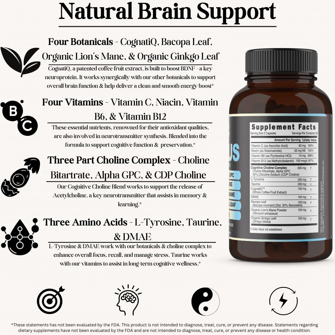 Inner Bounty Focus 14-in-1 Nootropic Brain Supplement with Lions Mane, Alpha GPC Choline, Vitamin C & B12, Taurine, Bacopa - Energy, Cognitive, Memory Support, 60 Filler Free Capsules Inner Bounty Au supplements