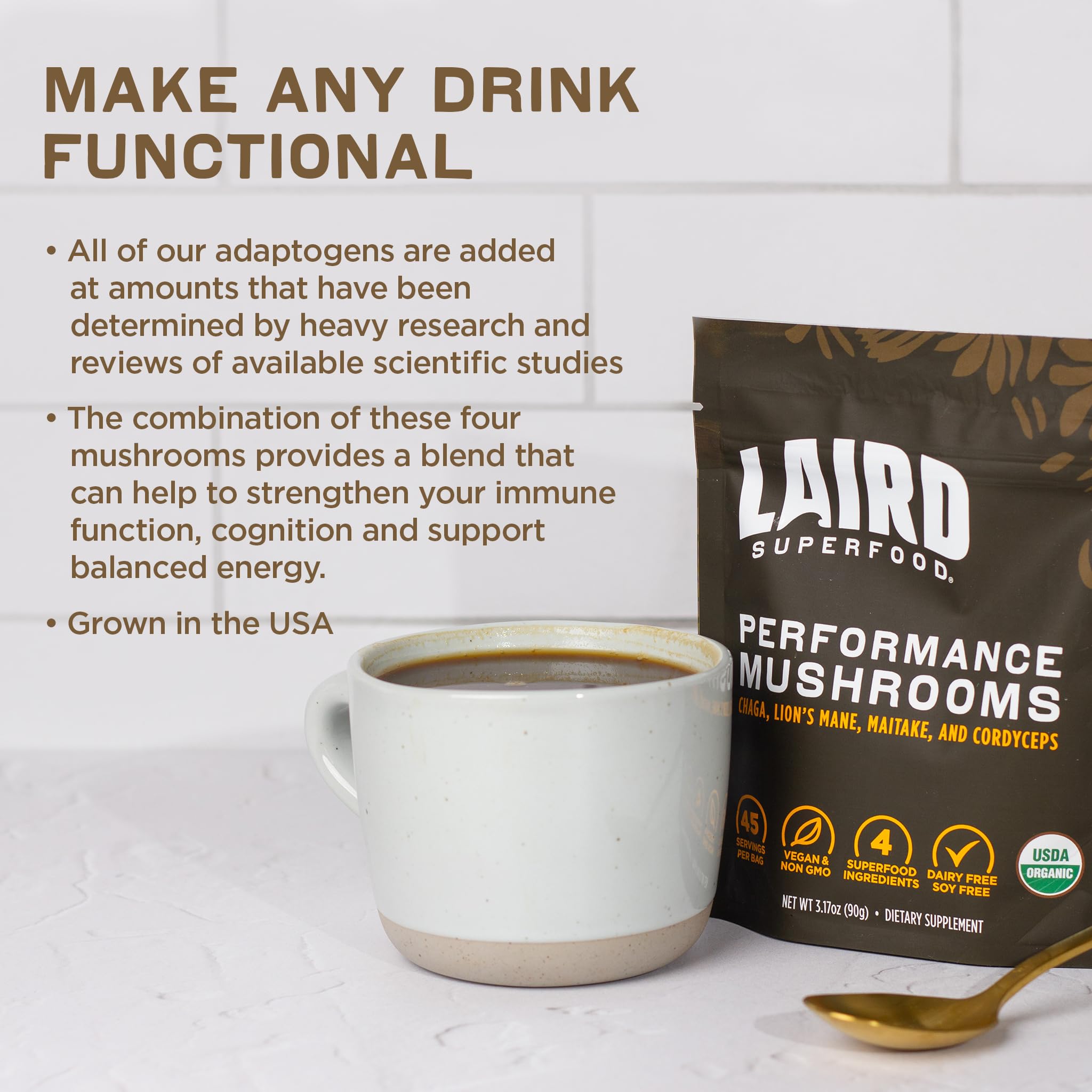 Laird Superfood Organic Performance Mushroom Blend with Chaga, Cordyceps, Lion's Mane and Maitake for Energy