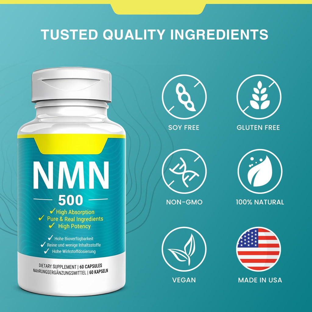 Vegan NMN Supplement 500mg, Higher Absorption - 99% Pure NMN (Nicotinamide Mononucleotide)for NAD+, Cellular Energy Immune Muscle, Anti-Aging & Longevity, Stabilized NMN - 60 Capsules (60 Days Supply) Nivantav Au supplements