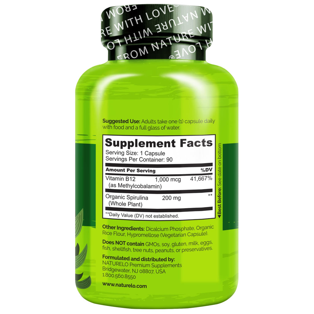 NATURELO Vegan B12 - Methyl B12 with Organic Spirulina - High Potency Vitamin B12 1000 mcg Methylcobalamin - Supports Healthy Mood