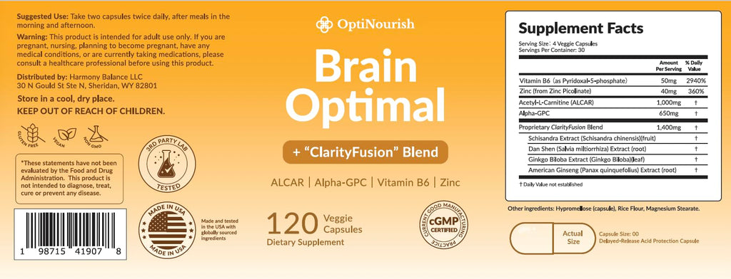OPTINOURISH Brain Supplement for Memory and Focus, Nootropic for Adults, Fuel Brain Energy & Mental Clarity, Caffeine Free,Cognitive Support, Doctor-Formulated, Made in USA,cGMP,120 Caps OPTINOURISH Au supplements