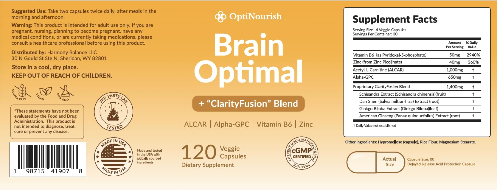 OPTINOURISH Brain Supplement for Memory and Focus, Nootropic for Adults, Fuel Brain Energy & Mental Clarity, Caffeine Free,Cognitive Support, Doctor-Formulated, Made in USA,cGMP,120 Caps OPTINOURISH Au supplements