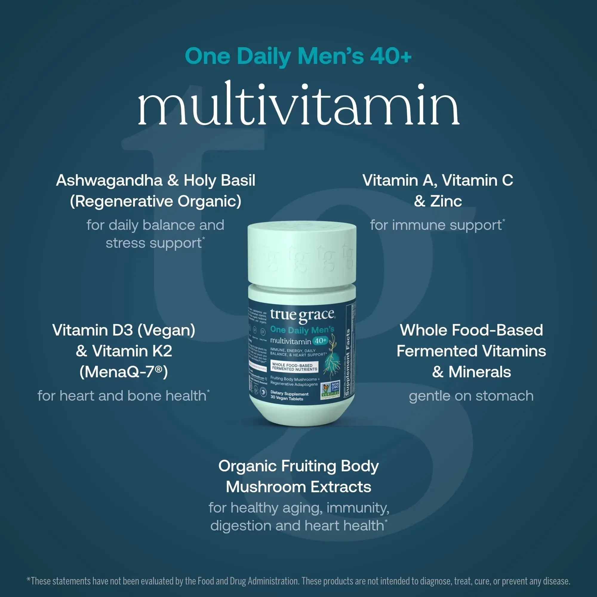 True Grace Men's 40+ One Daily Multivitamin Fermented Minerals, Organic Adaptogens & Mushrooms Whole Body Balance Immune True Grace Au supplements