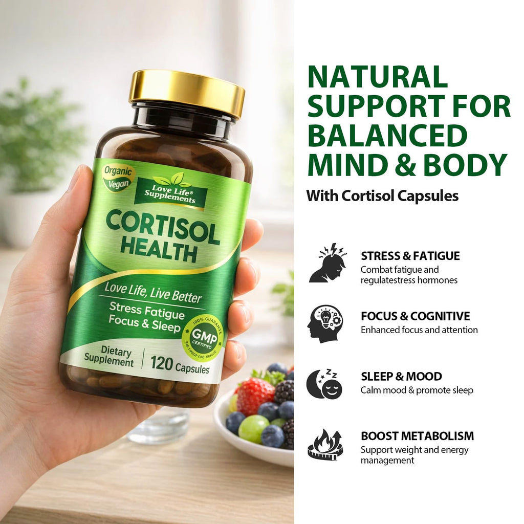 Cortisol Supplements for Women/Men, Advanced Stress & Cortisol Support with Ashwagandha & Rhodiola Rosea, Promotes Relaxation, Mood, Focus, and Restful Sleep for Men and Women, 120 Capsules Love Life Supplements Au supplements
