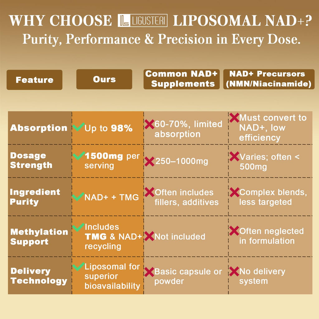 LIGUSTERI 1500 MG Liposomal NAD+, 98%+ Absorption, NAD+ Supplement for Women & Men with TMG, for Aging Defense, Cellular Energy, Heart & Brain Function, Longevity, 120 Softgels LIGUSTERI Au supplements