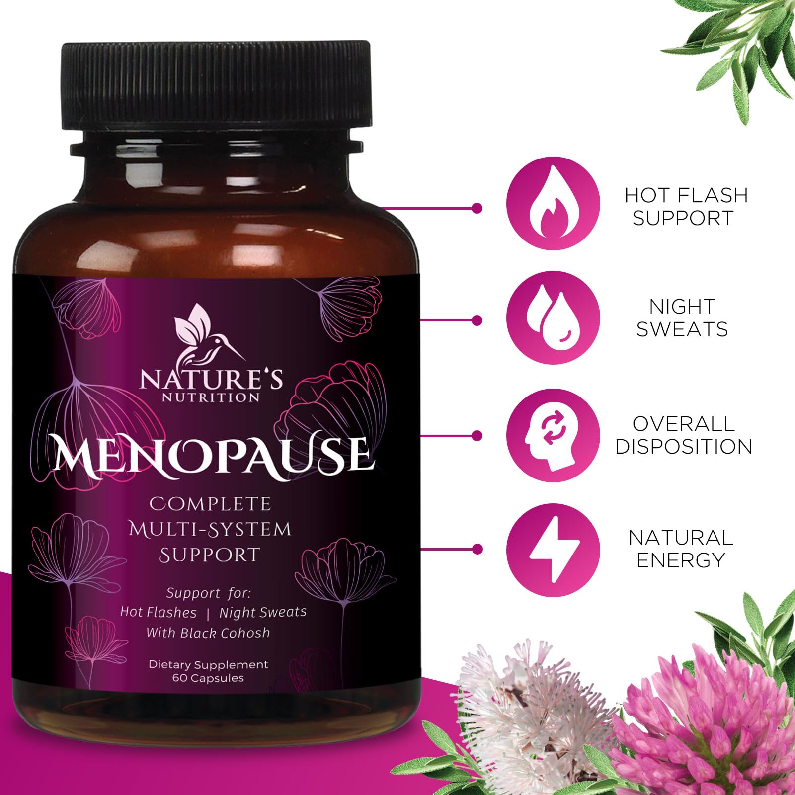 Menopause Supplements for Women - Complete Menopause Relief with Dong Quai & Black Cohosh - For Natural, Mild Hot Flash & Night Sweats - Hormone, Energy & Balance Support, Bottled in USA - 60 Capsules Nature's Nutrition Au supplements