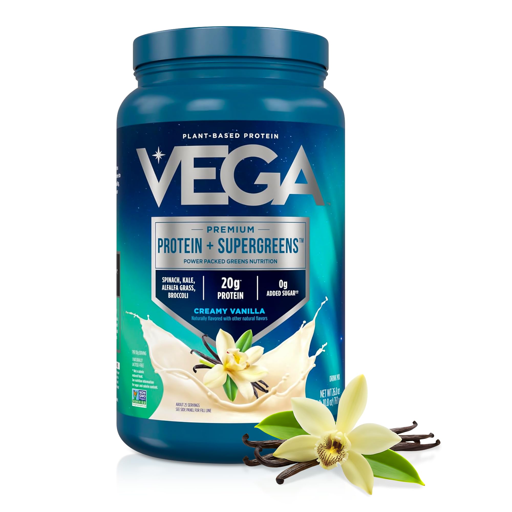 Vega Premium Protein + Supergreens, Creamy Vanilla – 20g Vegan Protein, Dairy & Gluten Free, 26.9 oz (25 Servings)