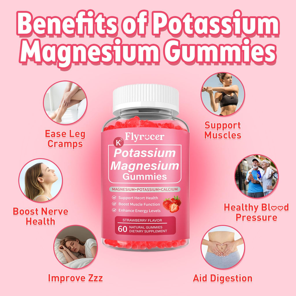 2 Pack Potassium Magnesium Gummies for Men & Women, Potassium Magnesium Supplement for Leg Cramps, Muscle Health, & Electrolyte Balance, Strawberry Flavor, 120 Gummies Flyrocer Au supplements