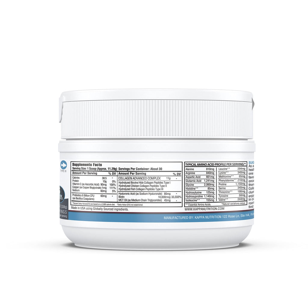 KAPPA NUTRITION Collagen Type I, II, III, 6 Billion Probiotic Acid Resistance, Hyaluronic Acid, Vitamin C, Biotin, Copper and MCT Oil, Beautiful Hair, Nails, & Skin, Collagen Peptides 9 in 1 (11.9oz) KAPPA NUTRITION Au supplements