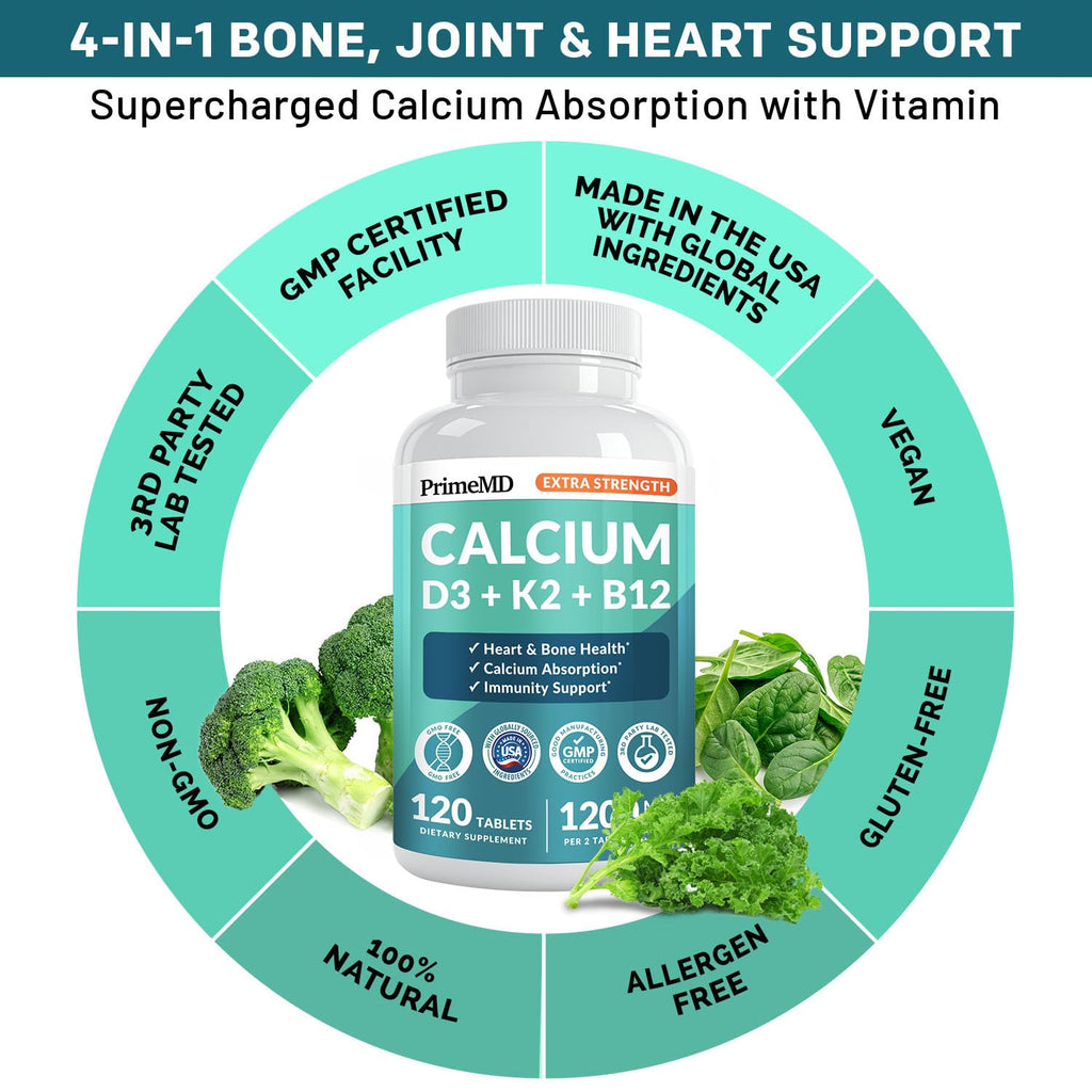 4-in-1 Calcium 1200 mg with Vitamin D3 K2 - Extra Strength Calcium Supplements for Women & Men with D3 K2 Vitamin 5000 IU - Everyday Vitality Supplement