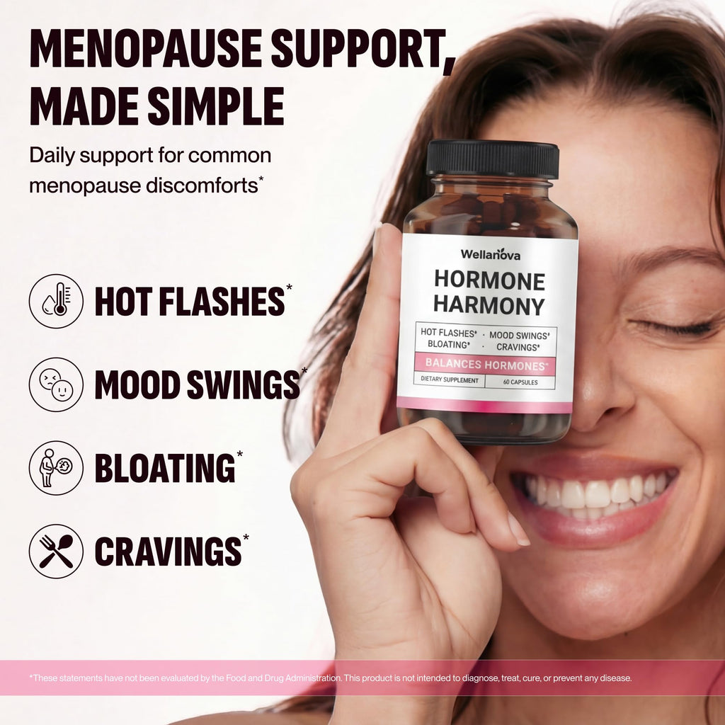 Wellanova Hormone Harmony for Women – Natural Hormonal Balance Support for Menopause & Perimenopause – Hot Flashes, Mood Swings, Cravings, Bloating Relief – 60 Capsules Wellanova Au supplements