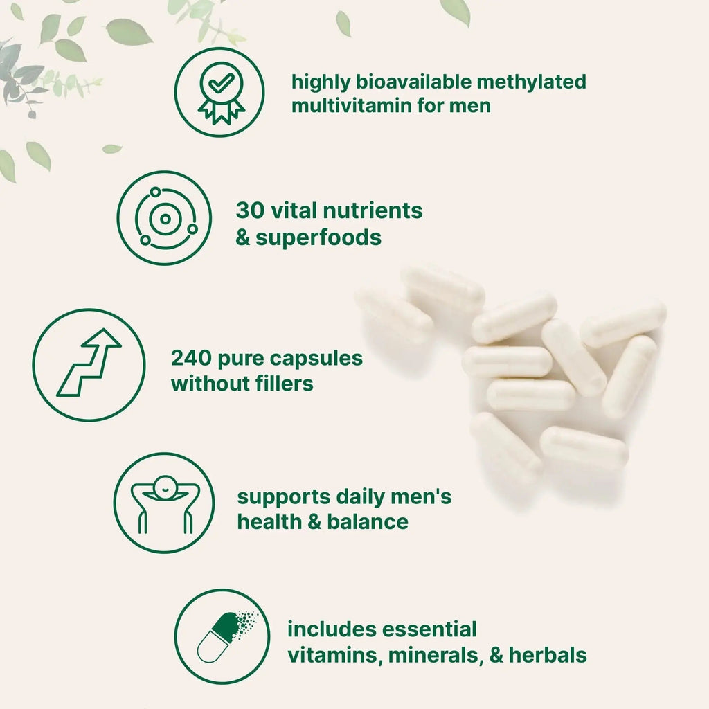 Pure Methylated Multivitamin for Men, 240 Capsules | 30 Key Nutrients with Vitamin C, D, E, B Complex + Methylfolate Micro Ingredients Au supplements