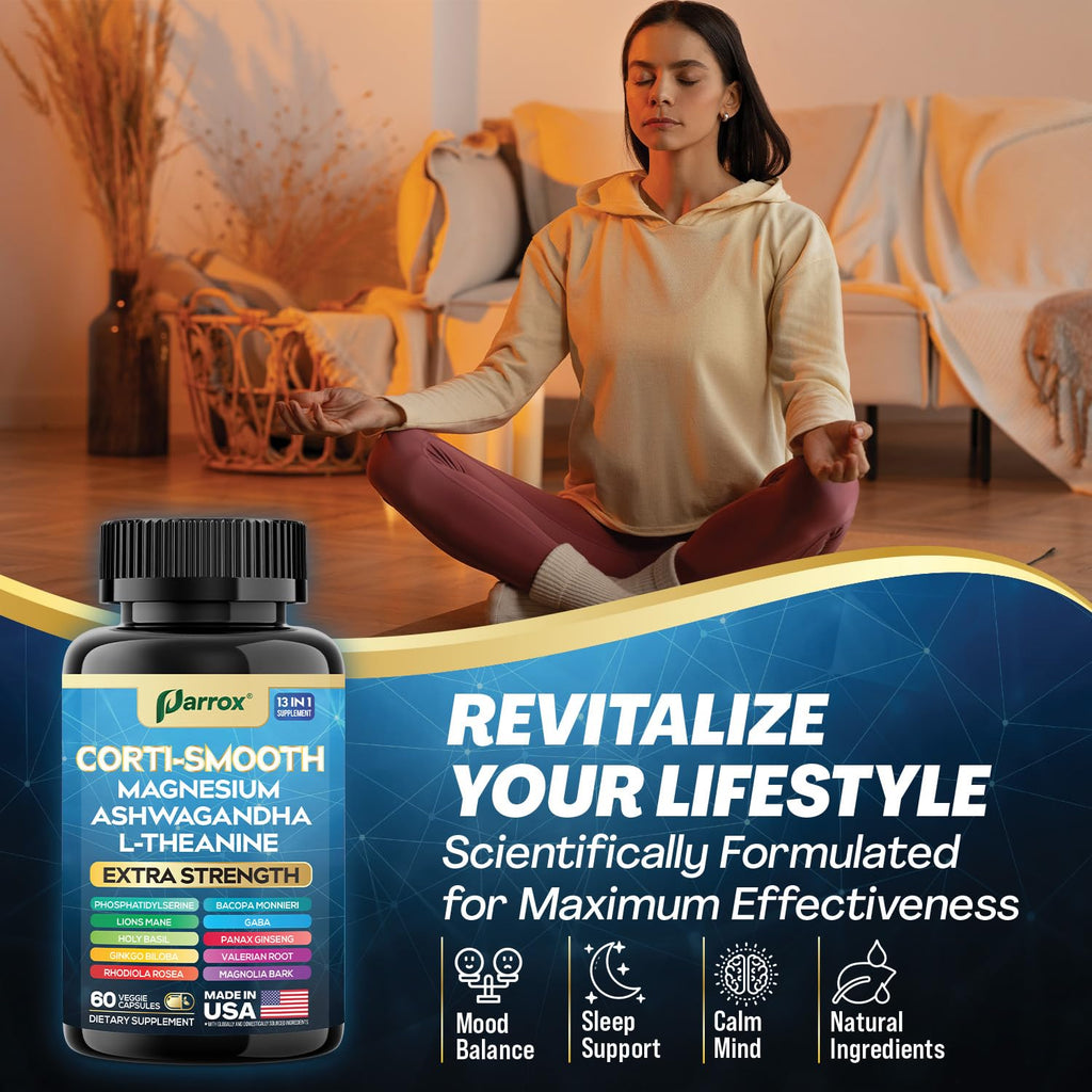 Parrox Corti-Smooth Cortisol Supplement Magnesium, L-Theanine, Ashwagandha, Phosphatidylserine, Valerian Root, Lions Mane, Bacopa Monnieri, Ginkgo Biloba, Panax Ginseng, Magnolia Bark, GABA (60 Caps) Parrox Au supplements