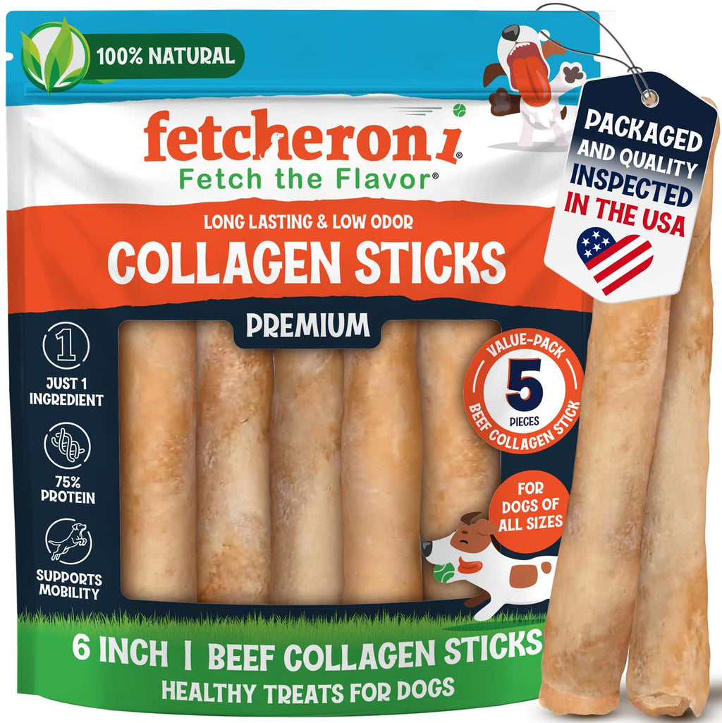 FETCHERONI 6" Collagen Sticks for Dogs – Low Odor Long-Lasting Bully Stick & Rawhide Alternative, Single Ingredient Beef Bone, High Protein Dental Treat, Vet Approved, Improves Joint Health – 5 Pack FETCHERONI Au supplements