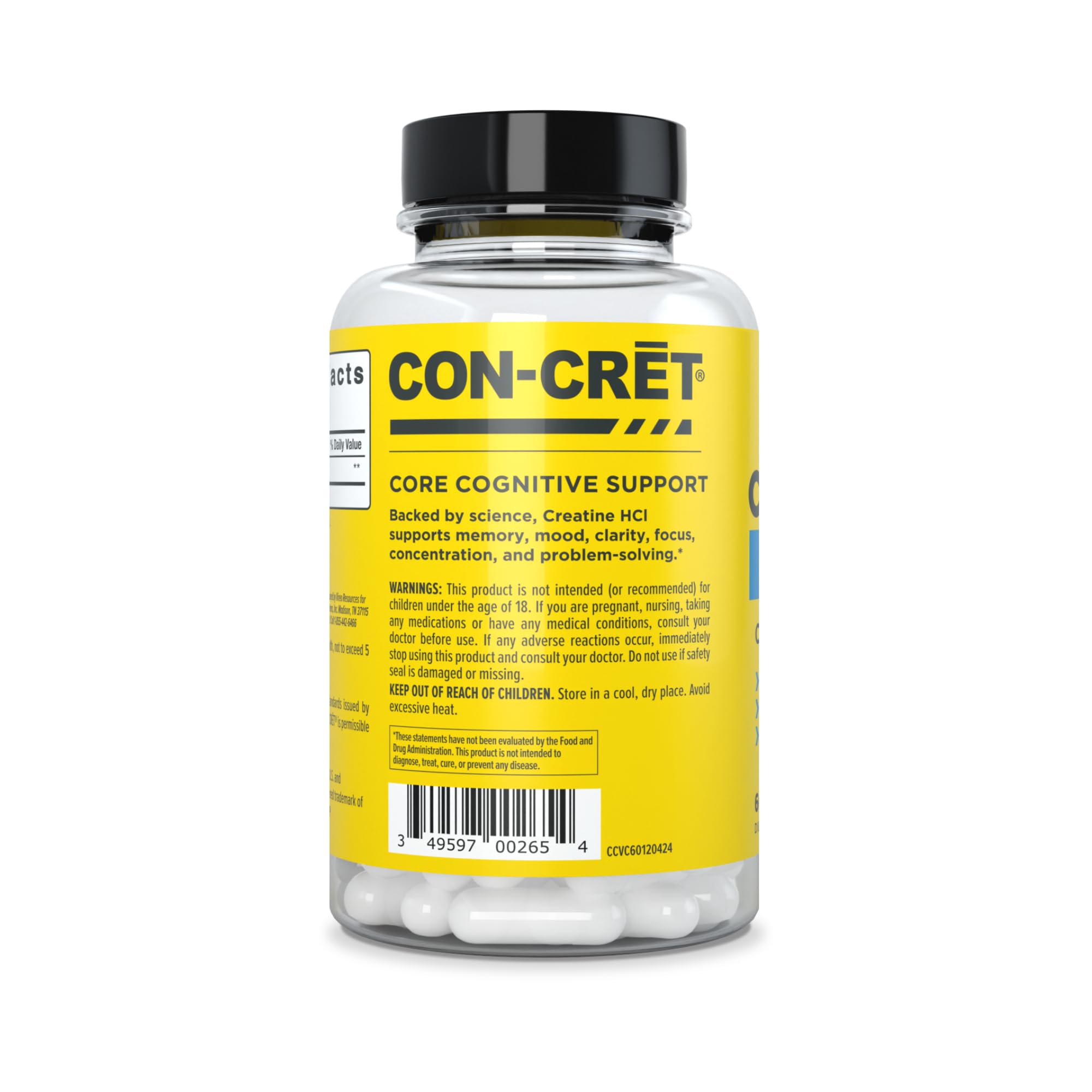 CON-CRET Creatine HCl for Brain Health Capsules – Clinically Tested Support for Memory, Focus, Concentration, Problem-Solving, Clarity, and Mood.* | Made in USA (60 Day Supply) CON-CRET Au supplements