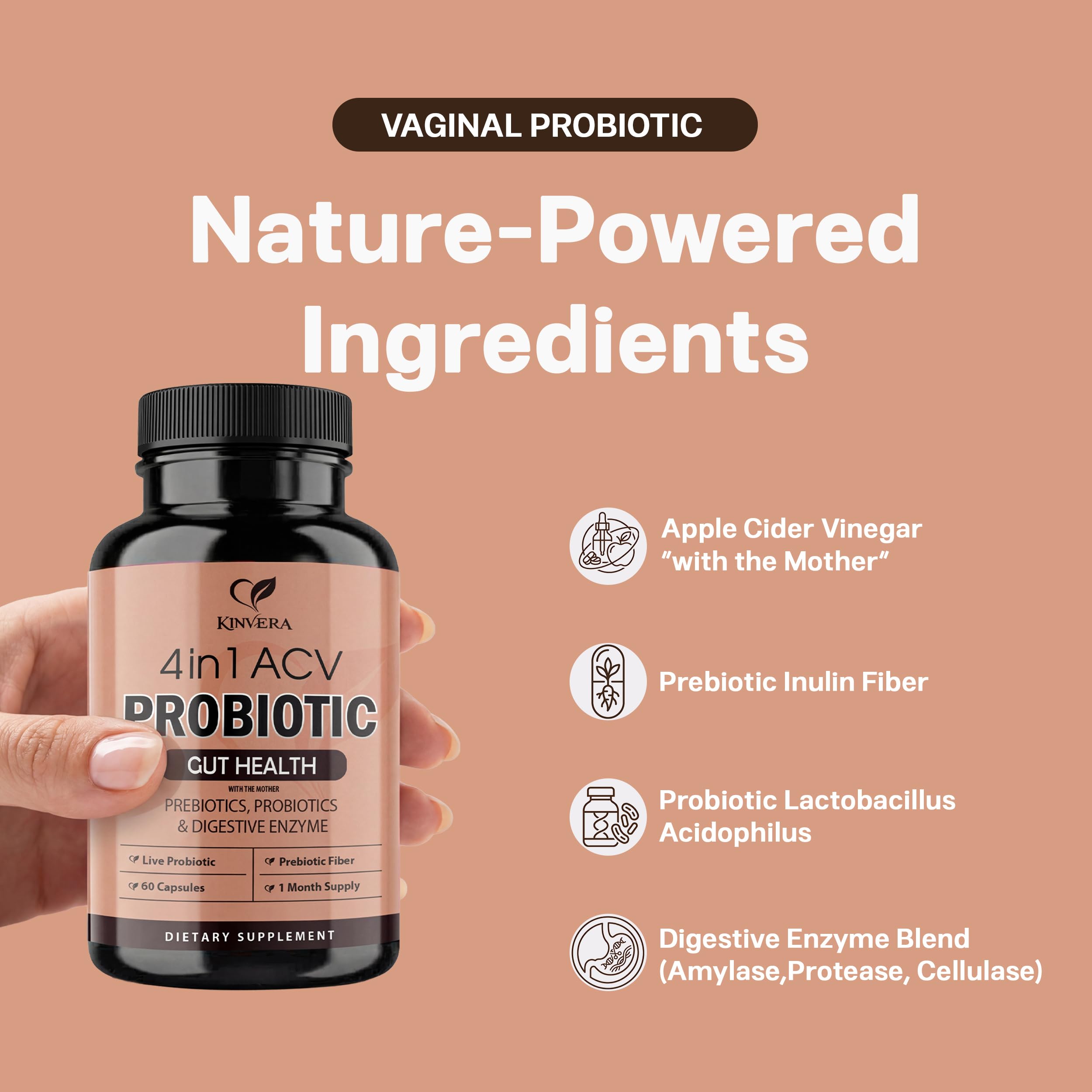 4-in-1 ACV Gut Formula – Apple Cider Vinegar, Prebiotics & Probiotics, Digestive Enzymes – Immune & Complete Digestion – 60 Veggie Capsules