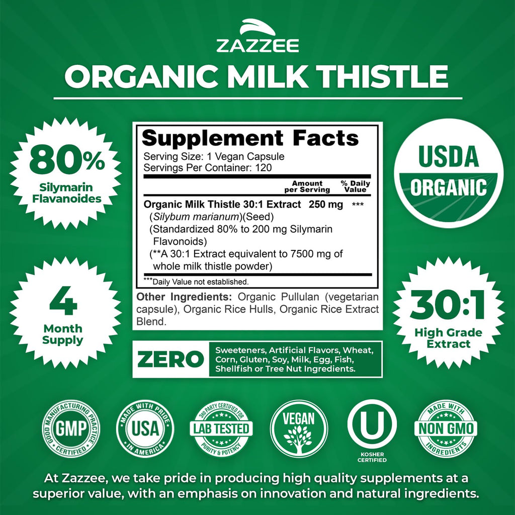 Zazzee USDA Organic Milk Thistle 30:1 Extract, 80% Silymarin, 120 Vegan Capsules, 4 Month Supply, Certified Kosher, High Potency Liver & Antioxidant Support