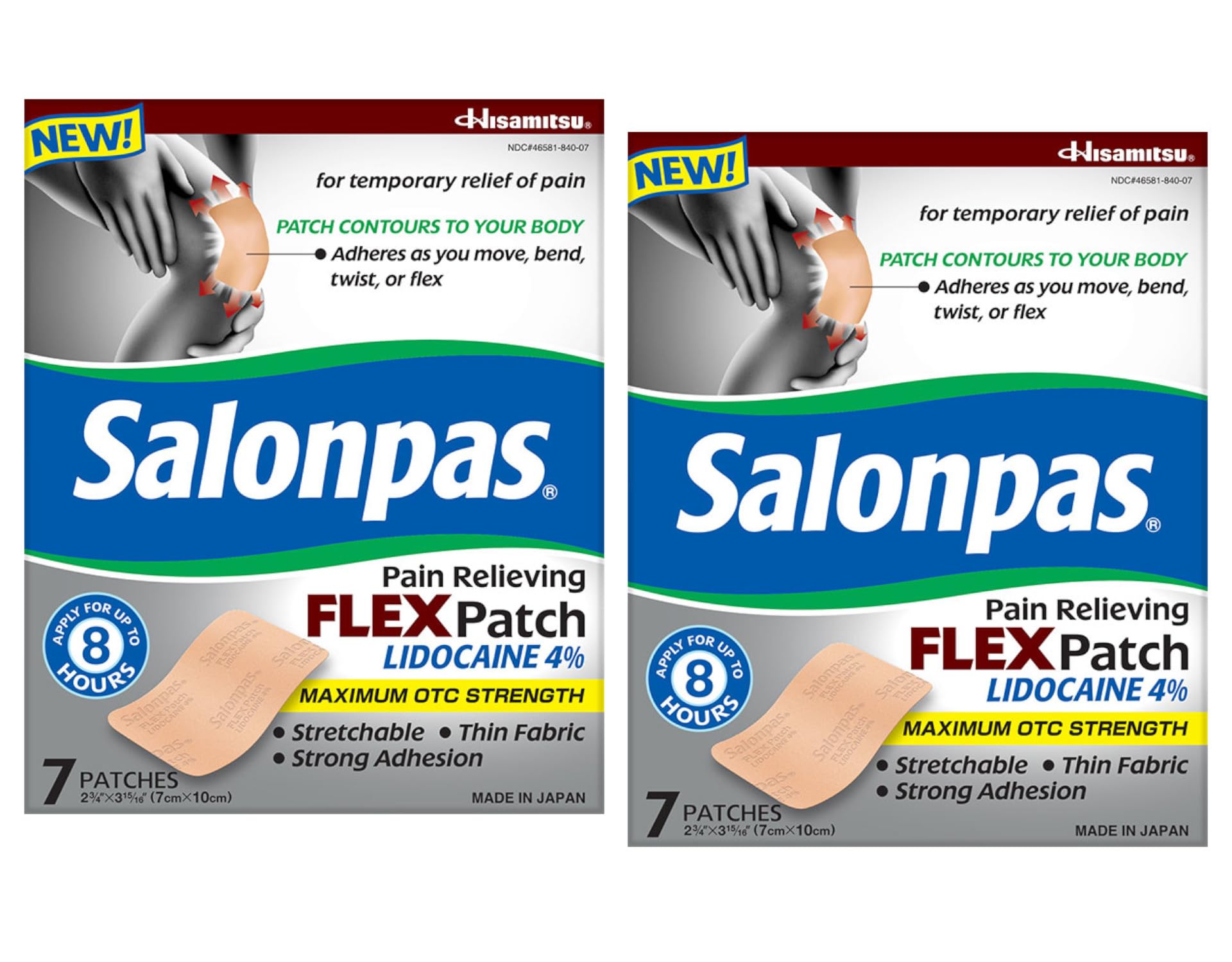 Salonpas Temporary Pain Relieving Flex Patch with Lidocaine 4%, Maximum OTC Strength, Stretchable Thin Fabric, Strong Adhesion, Contours to Body, Apply for Up to 8 Hours 7 ct (Pack of 2) Salonpas Au supplements